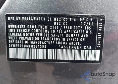 2019 Volkswagen Jetta 1.4T Sel z USA, uszkodzony, nr VIN 3VWE57BU6KM231398